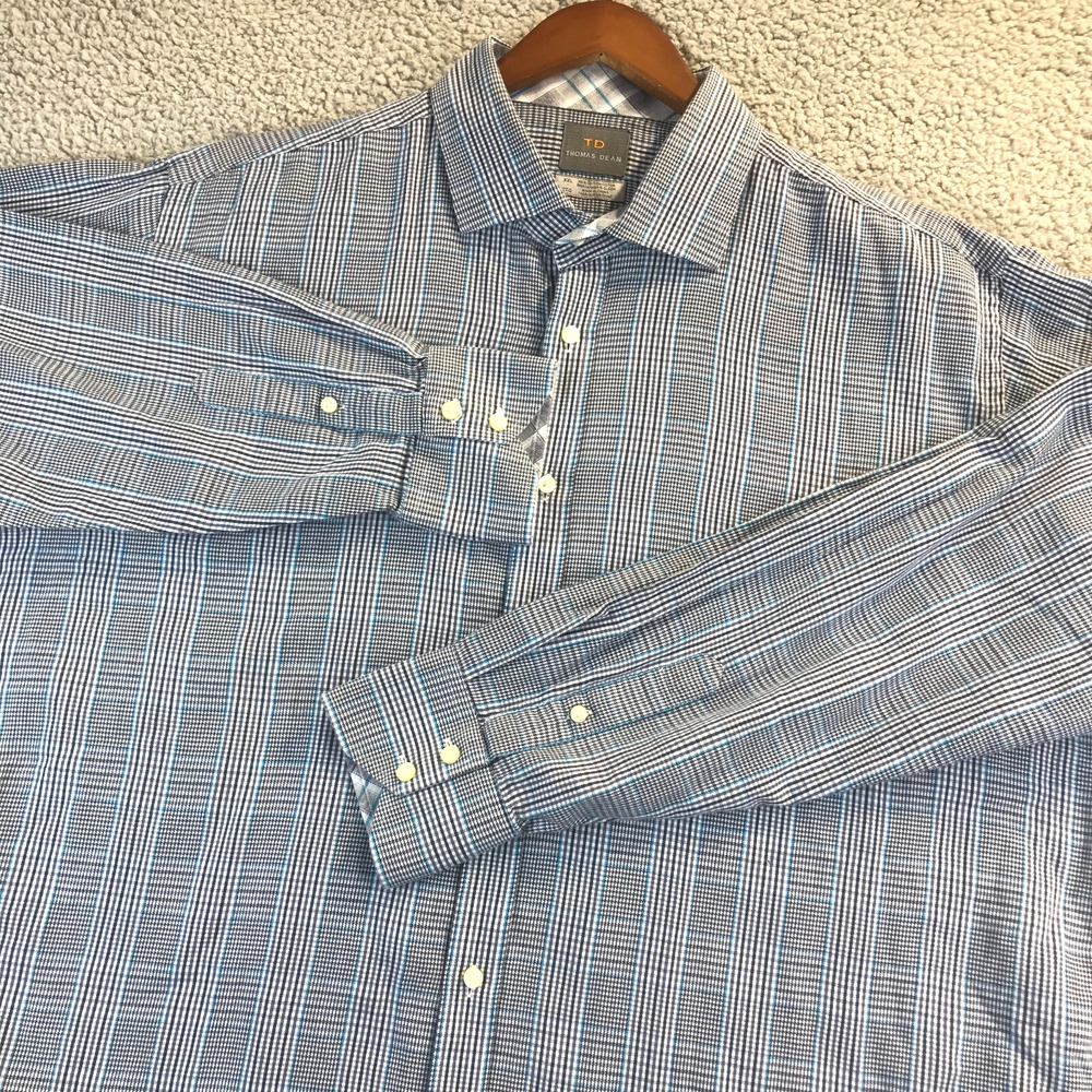 Thomas Dean Mens Long Sleeve Shirt Shirtmaker's 2XL Flip Cuff Button Blue Plaid